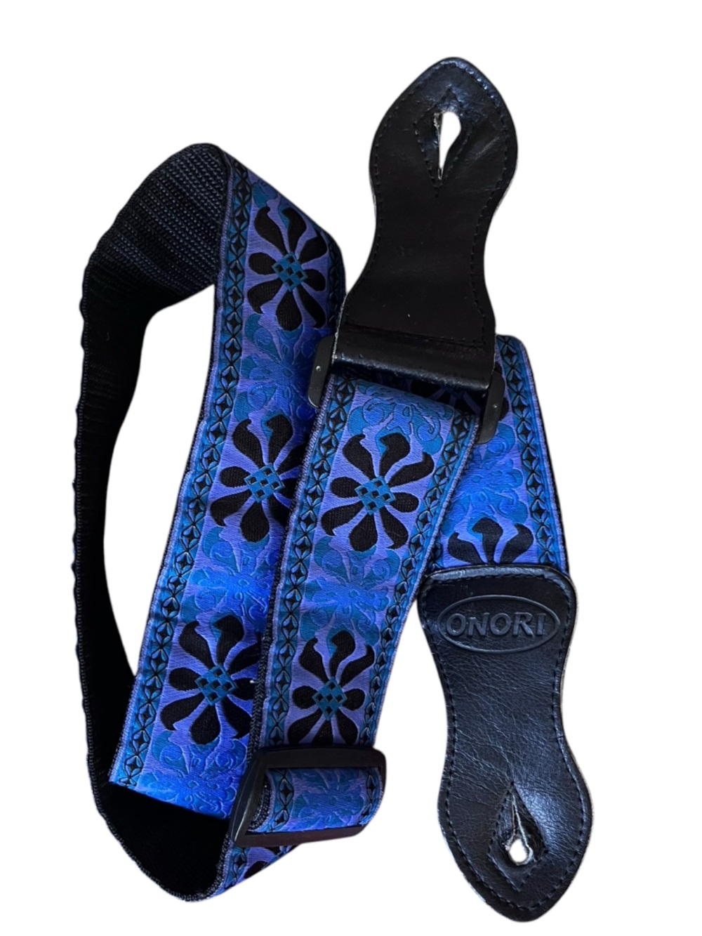 Onori Black and Blue Floral Guitar Strap with Leather Ends
